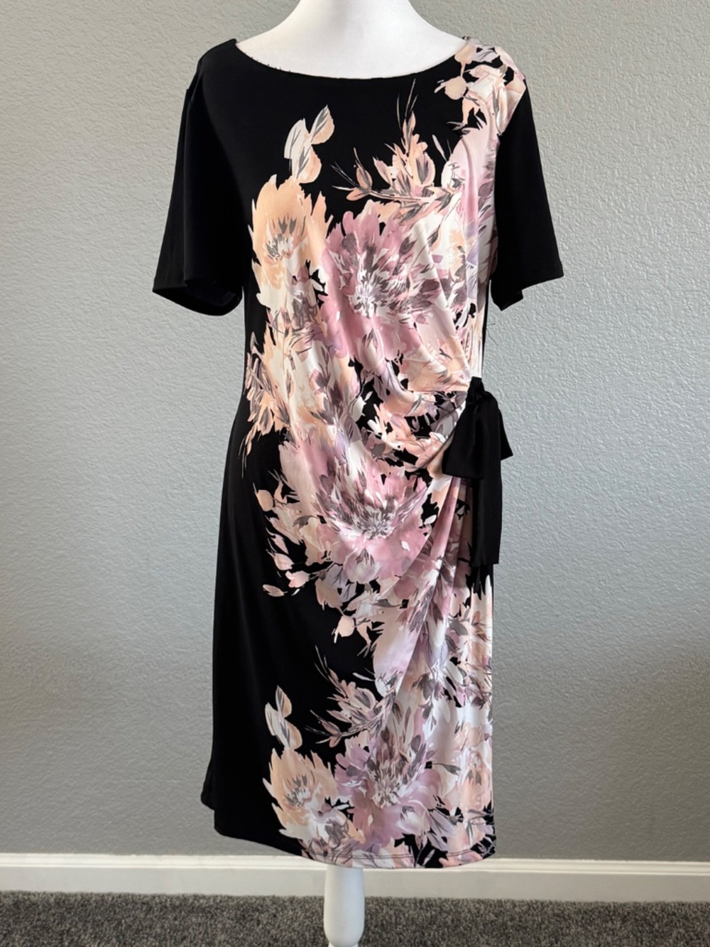 AUW Faux Wrap Pink/Black Floral Dress Size 14 - Picture 2 of 9